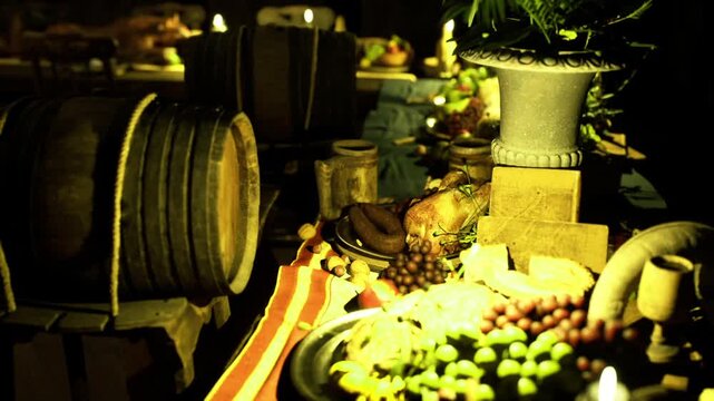 Barrels and fruit arranged on candlelit wooden table, grapes and melon clustered beside ceramic jugs, warm amber glow, vintage barrels in background, intimate