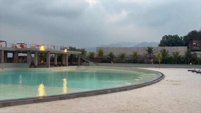 White sand beach area and mountain views
