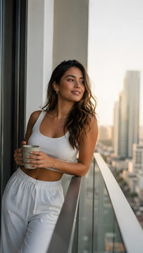 Female model enjoying balcony city view, lifestyle fashion portrait in golden hour urban aesthetic