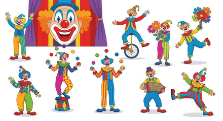 Funny Clowns Performing Circus Show with Juggling and Unicycling © budi