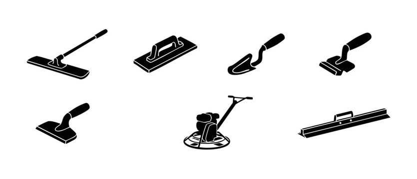 Concrete Finishing Tools Set, Professional Construction Equipment for Cement Work, Masonry Trowels, Floats and Power Trowel Icons, Isolated Flat Black Vector Illustration for Building Renovation Proje