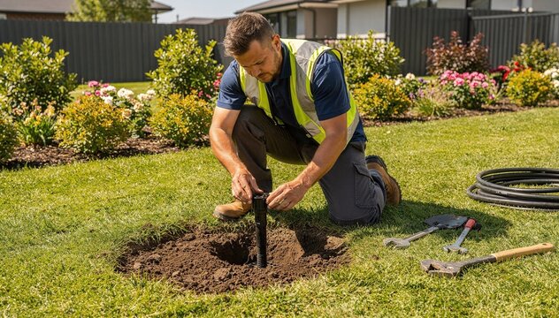 Skilled maintenance technician install irrigation system sprinkler in a lush green backyard, focus on work, for garden care and property improvement