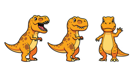 Fototapeta premium Three cartoon orange Tyrannosaurus Rex dinosaurs in different poses on a white background.