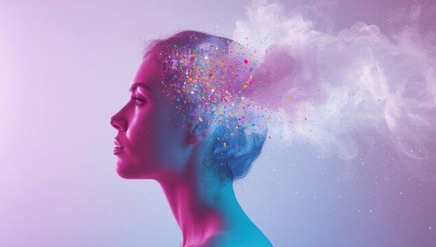 Abstract portrait of a womans mind with exploding colors and smoke, symbolizing creativity