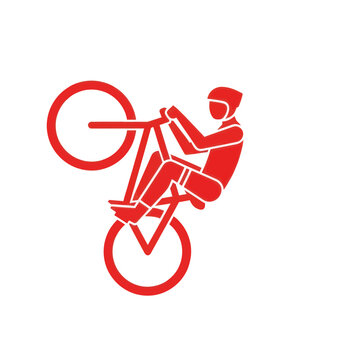 Red BMX rider doing a wheelie trick on a white background, action sport icon