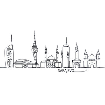 Sarajevo Cityscape Skyline Drawing, Bosnia and Herzegovina Landmark Architecture