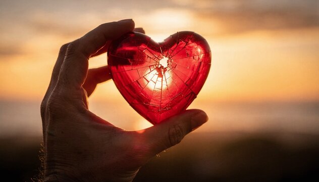 A hand cradles a broken red glass heart, symbolizing fragility and light piercing through cracks against a warm, evocative sunset sky, highlighting resilience and hope