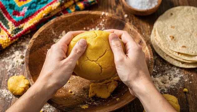 Close-up of human hands expertly shape a yellow dough ball over a rustic wooden plate, preparing fresh ingredients on a textured wooden table for a delicious meal