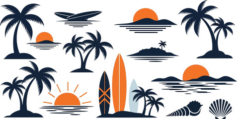 Obraz premium Collection of stylized tropical beach scenes with palm trees, surfboards, and sunsets