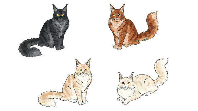Maine Coon Cats Illustration Set: Four Felines in Black, Ginger, Cream, and Light Colors on White Background