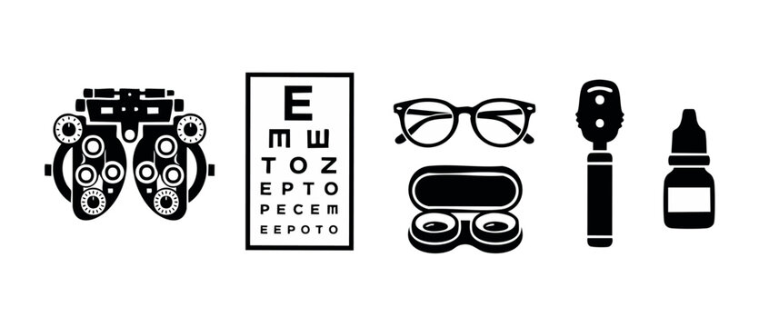 Optometry Equipment Icons Set for Eye Examination and Vision Care Diagnostics including Phoropter, Snellen Eye Chart, Glasses, Contact Lenses, Ophthalmoscope and Eye Drops in Professional Medical Styl