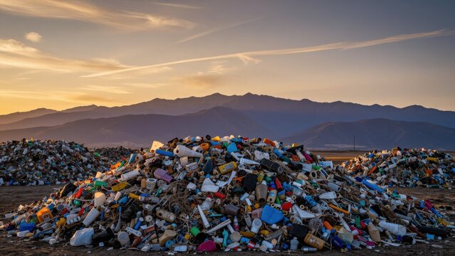 Mountains Landscape Littered with Trash under Sunset Sky
