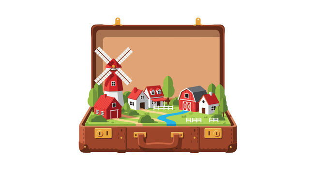 A miniature farm landscape featuring a red barn and rotating windmill is arranged inside an open brown leather suitcase on a bright, minimalist studio background.