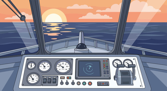 A boat bridge interior provides a view of a sunset over the open sea through large windshields with wipers and a central navigational instrument panel.