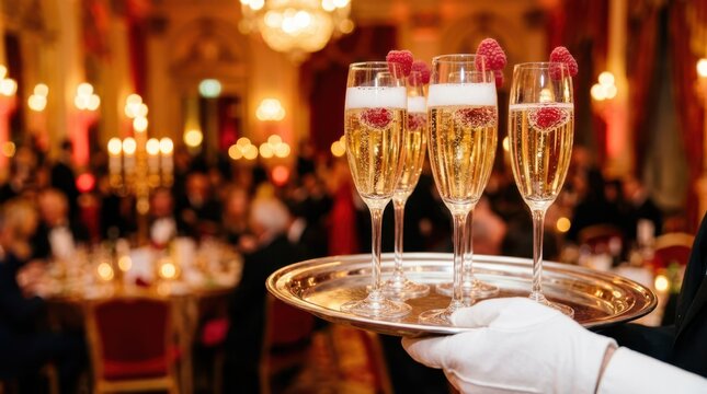 A detailed shot of a gloved hand holding a silver tray loaded with fresh champagne flutes, ready for guests at a busy luxury banquet event with heavy background bokeh.