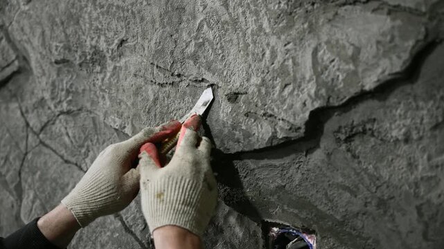 Art Conservator Fixes Textured Surface. Skilled Conservator Uses Knife To Mend Textured Surface Damage