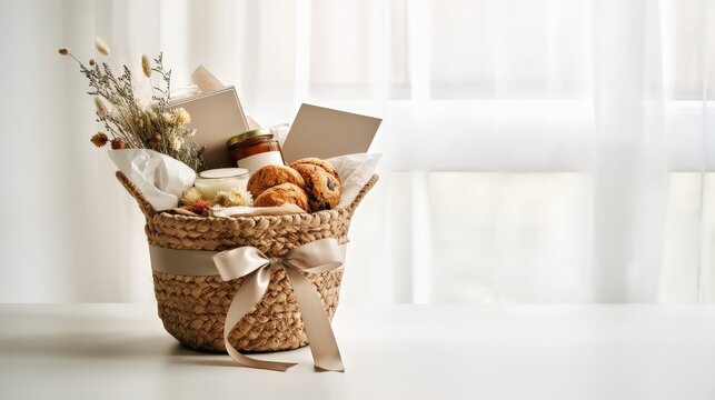 Gift hamper minimal neutral basket with gourmet items tea cookies candle modern clean home interior