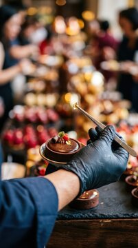 A delicate close-up shot of a chef plating miniature chocolate desserts with tweezers, focusing on the detail of the gold leaf application with a heavily blurred dessert buffet in the background.