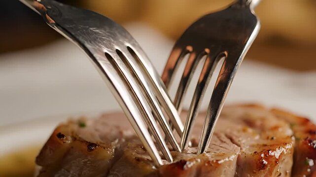 Closeup of two forks piercing a succulent piece of meat.