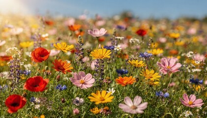 Obraz premium Vibrant meadow abound with diverse wild blooms thrive under the warm, golden glow of a bright summer sun, offering a breathtaking display of nature's beauty and tranquility