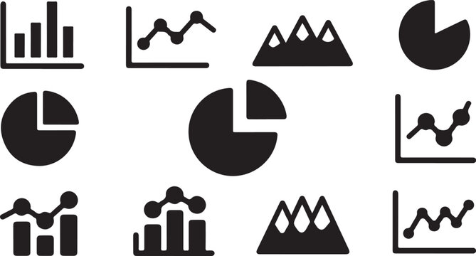 Set of business and data chart icons including bar graphs, line graphs, and pie charts on transparent background.