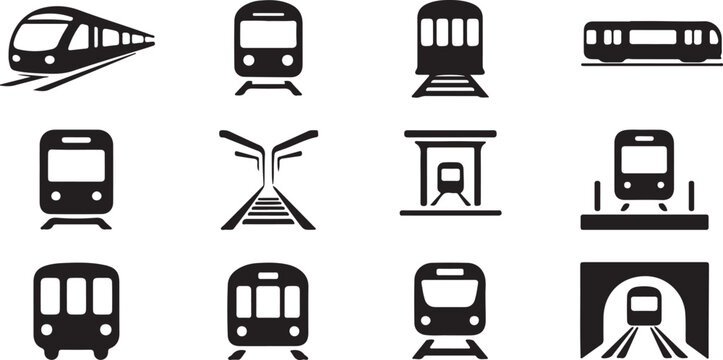 Collection of modern train and subway icons in silhouette on transparent background for transportation themes.