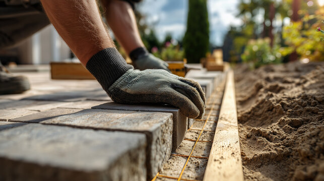 Gloved worker carefully laying stone paving tiles along string line on sand base, garden bokeh behind. Residential landscaping installation, ideal for construction, home improvement, hardscape content