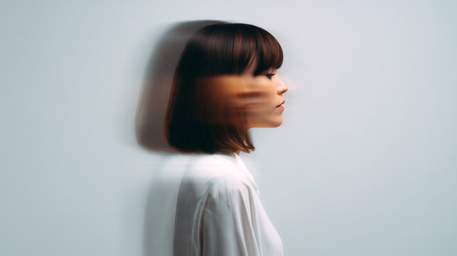 Young woman profile portrait with soft motion blur fade effect on light background. Powerful metaphor for mental stress, anxiety, burnout, dissociation, ideal for healthcare, mental health content.