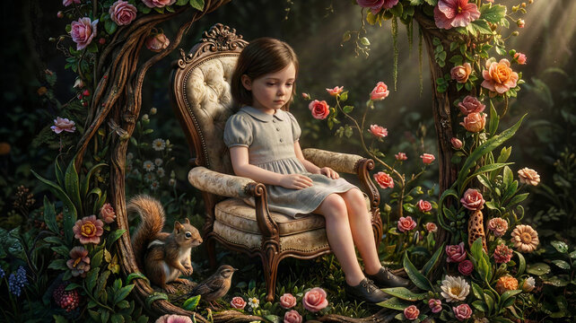 Whimsical enchanted forest scene with a young girl sitting in a gnarled rose arch chair, surrounded by cute animals and divine sunlight rays.