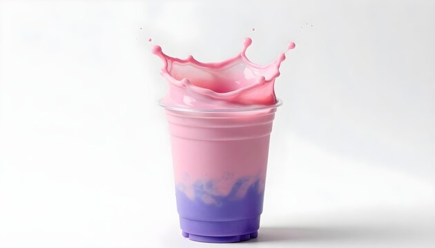 Pink and purple layered drink splashing in a clear plastic cup