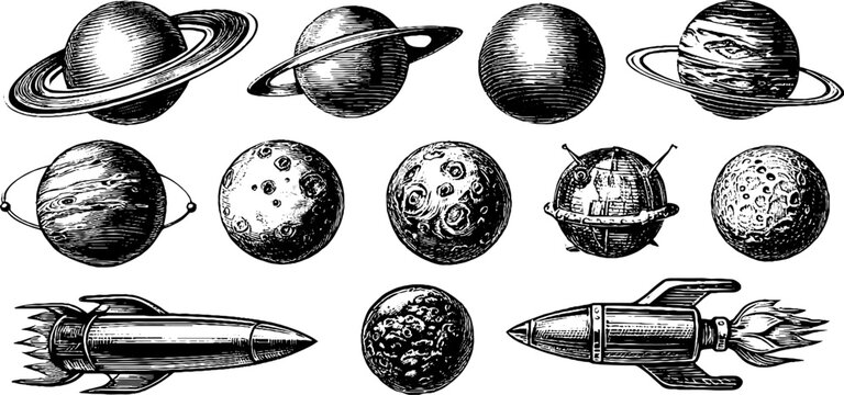 Planets moons and rockets illustrated as ink space sketches