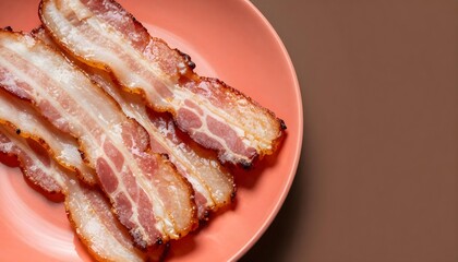 Obraz premium Crispy strips of cooked bacon served on a coral plate with a brown background