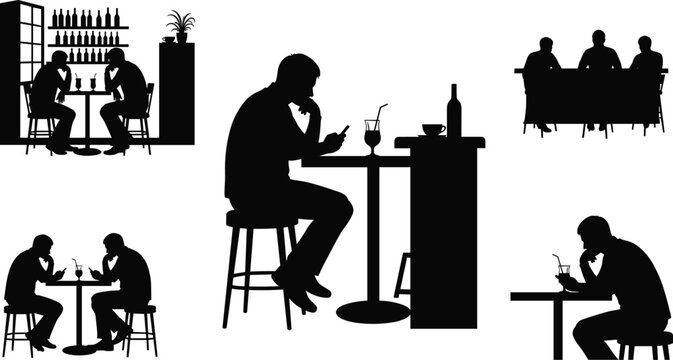 Solo and Group Dining Icons Set with Drinks, Phone, and Bar Scene for Digital Media, Apps, and Websites
