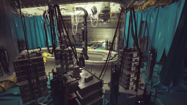 Night shift monitoring in power lab with teal drapes, dim consoles, clustered equipment silhouettes, ambient shadows and focused lowlight technical mood.