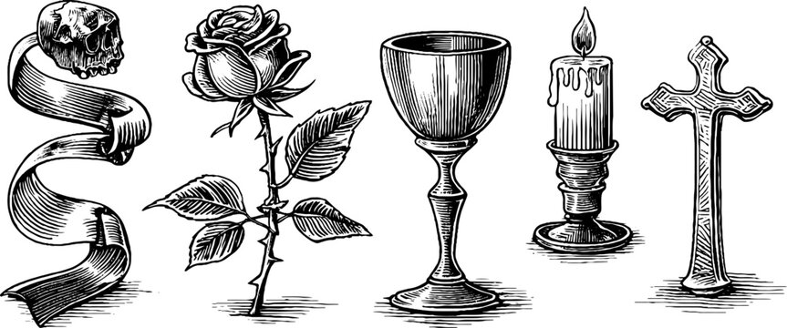 Memento mori elements arranged on white background