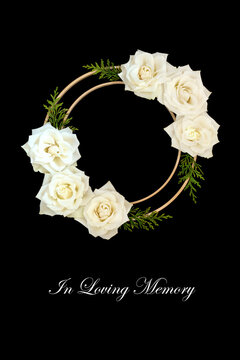 In loving memory rose flower symbol on black background. Wooden circle frame design for logo, funeral decoration, floral memorial tribute with phrase.