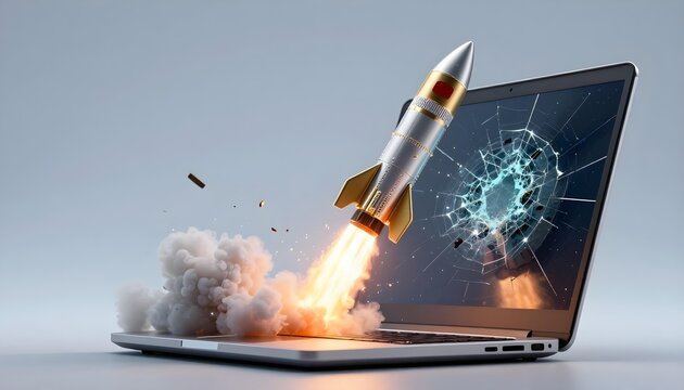Silver and gold rocket launching from a laptop with a shattered screen