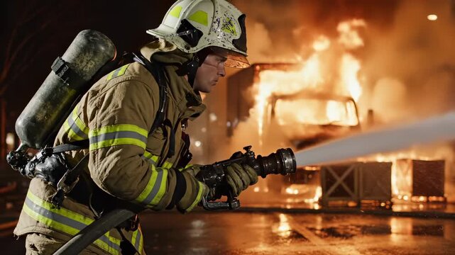 Brave firefighter holds hose spraying water on burning fire. Firefighter extinguishing intense flames at night. Firefighter wears helmet facing fire. Water stream hits fire. Emergency rescue duty.