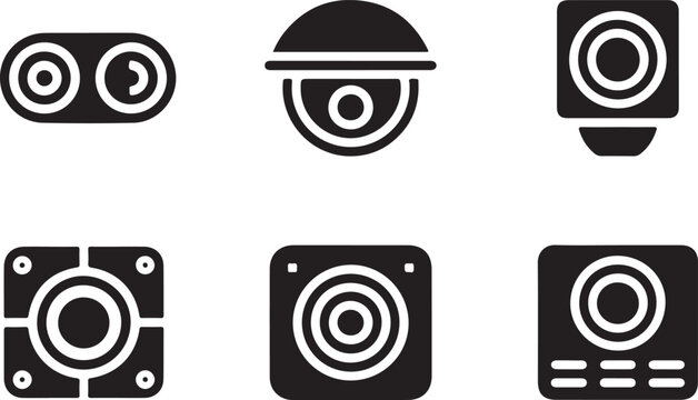 Security camera icons collection representing surveillance technology monitoring safety protection system web electronic equipment.
