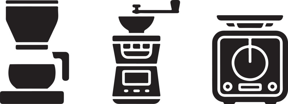 Black silhouette icons of coffee making appliances including drip coffee maker coffee grinder and kitchen scale for brewing.