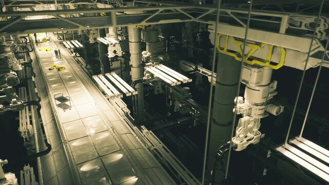 Sunlit industrial boulevard with active assembly stations and reflective metal surfaces, skylight beams highlighting conveyor lanes and precise automated