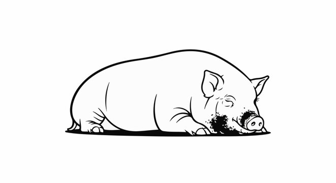 Black and white line art illustration of a plump pig sleeping on its side