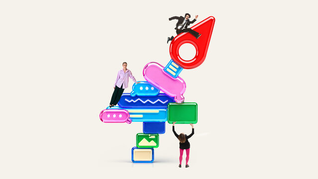 Stacked social media interface icons with people interacting concept digital business communication. Fits marketing, business, social media. Bright clean background, copy space.