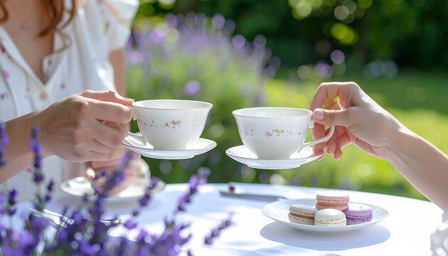 Hands holding teacups at a garden table with lavender for Mother's Day brunch