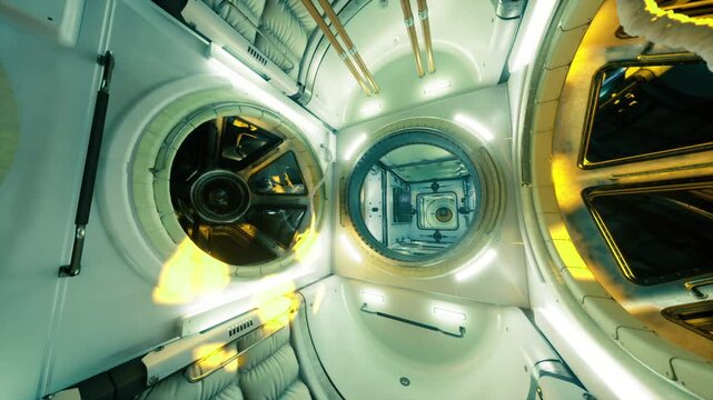 Fisheye space station hub with conduits, curved bulkheads and circular hatches, yellow cable runs, reflective metal, soft ambient LEDs, engineered precision