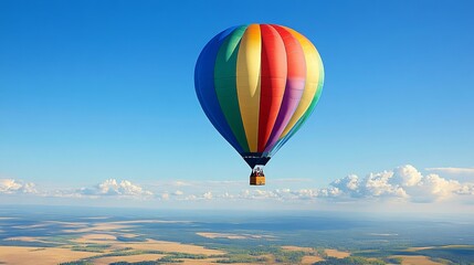 Obraz premium Colorful Hot Air Balloon Floating Over Scenic Landscape, Representing Adventure, Freedom, and Travel