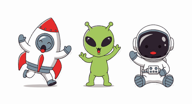 Cartoon alien and space characters.