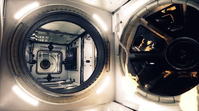 Cargo bay inside space station module, utility fittings, floor tie downs, heavy duty access, robotic arm docking points, industrial lighting for logistics