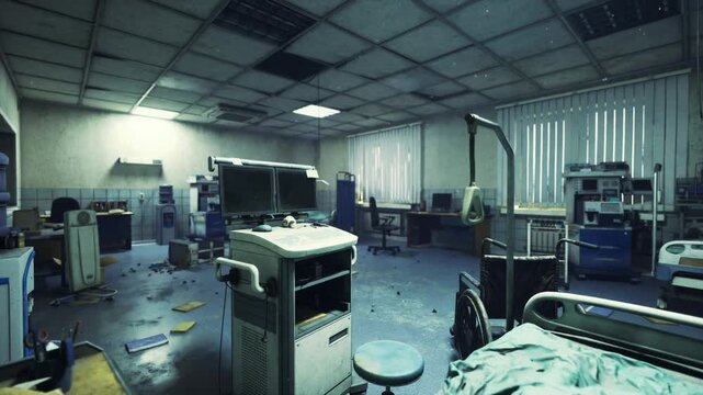 Vacant monitoring console and ultrasound cart in dim clinical room, cables draped and dusty screens suggesting interrupted diagnostics. Silent equipment