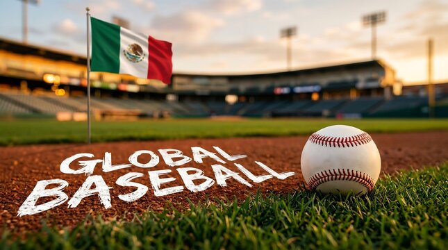 Mexican flag on baseball field with ball and global baseball text